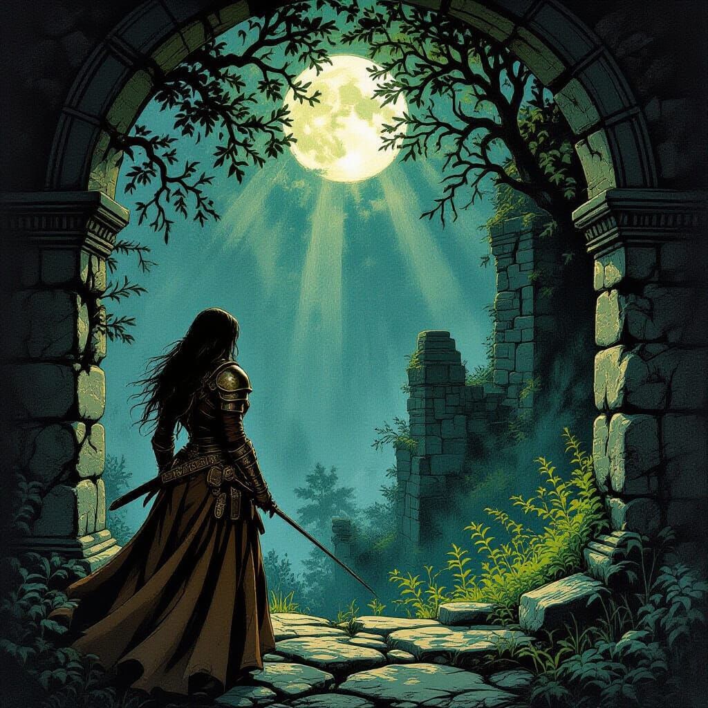 Huntress in Ancient Ruins Under Ethereal Moonlight