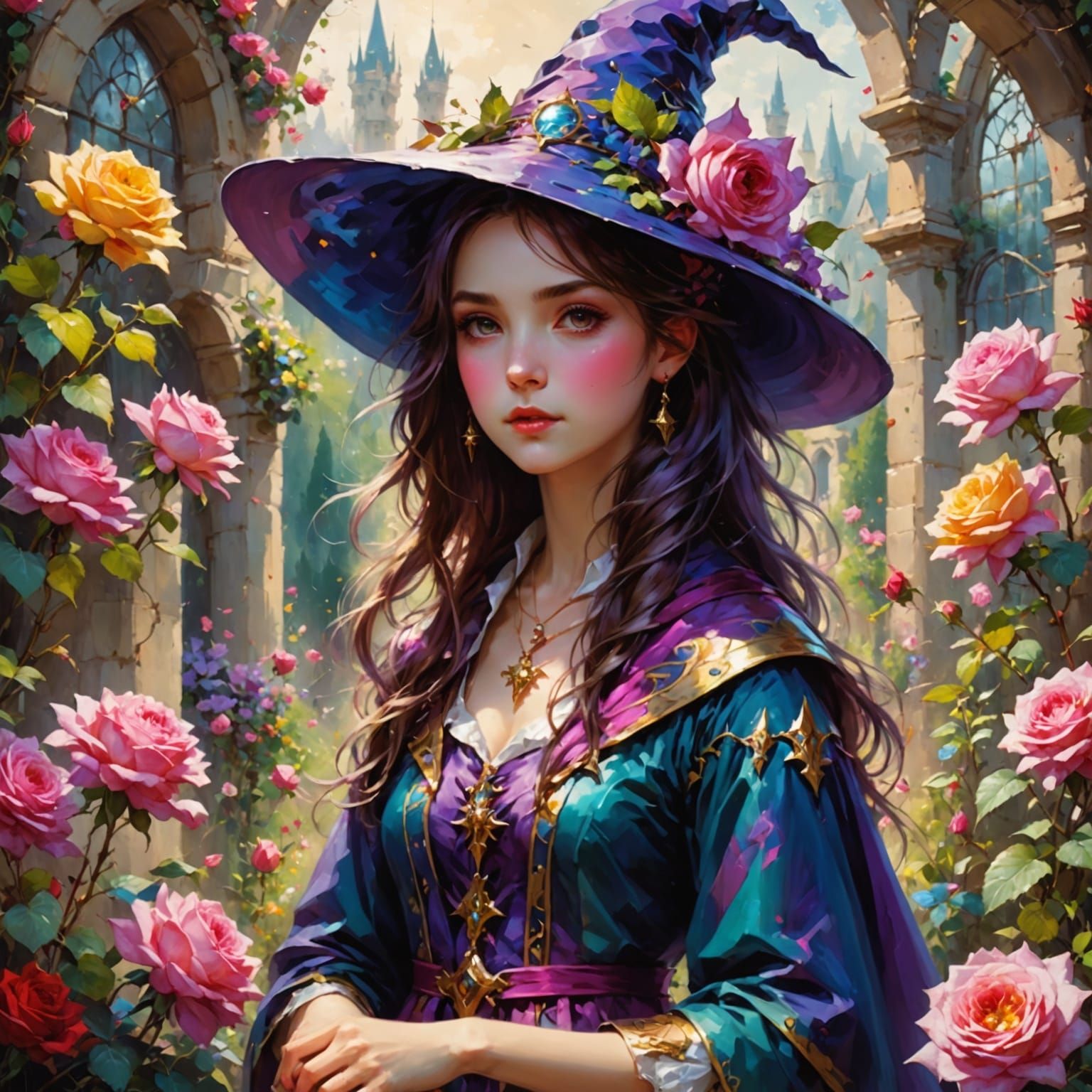 Girl Wizard in Rose Garden, Anime Style