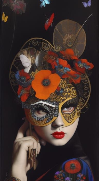 Venetian Mask with Poppies and Butterflies in Pop Art