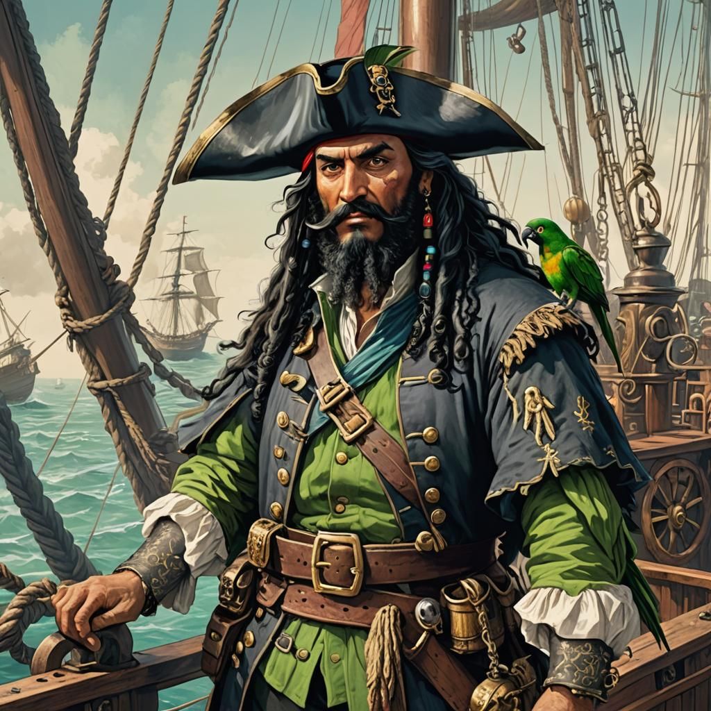 Pirate Captain on Deck of Sailing Ship