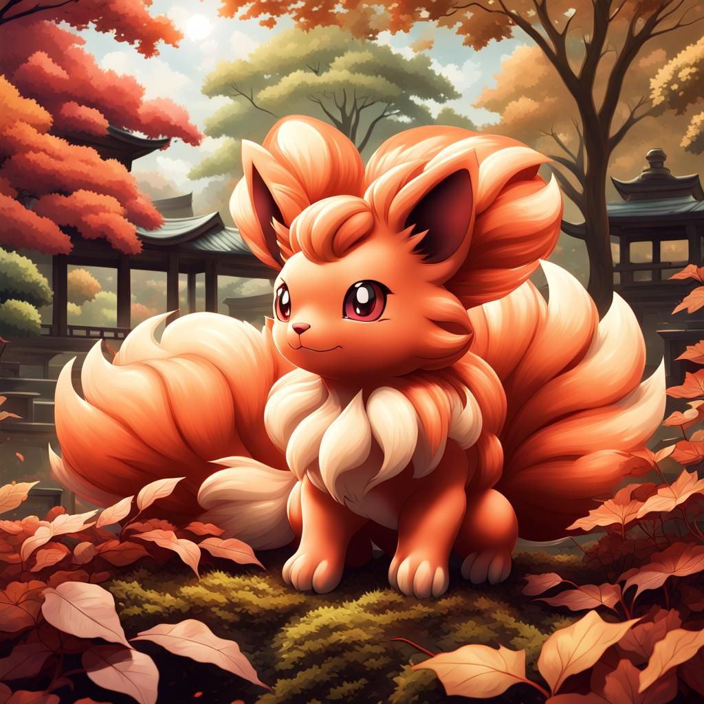 Pokemon Vulpix Play in Autumn Japanese Garden