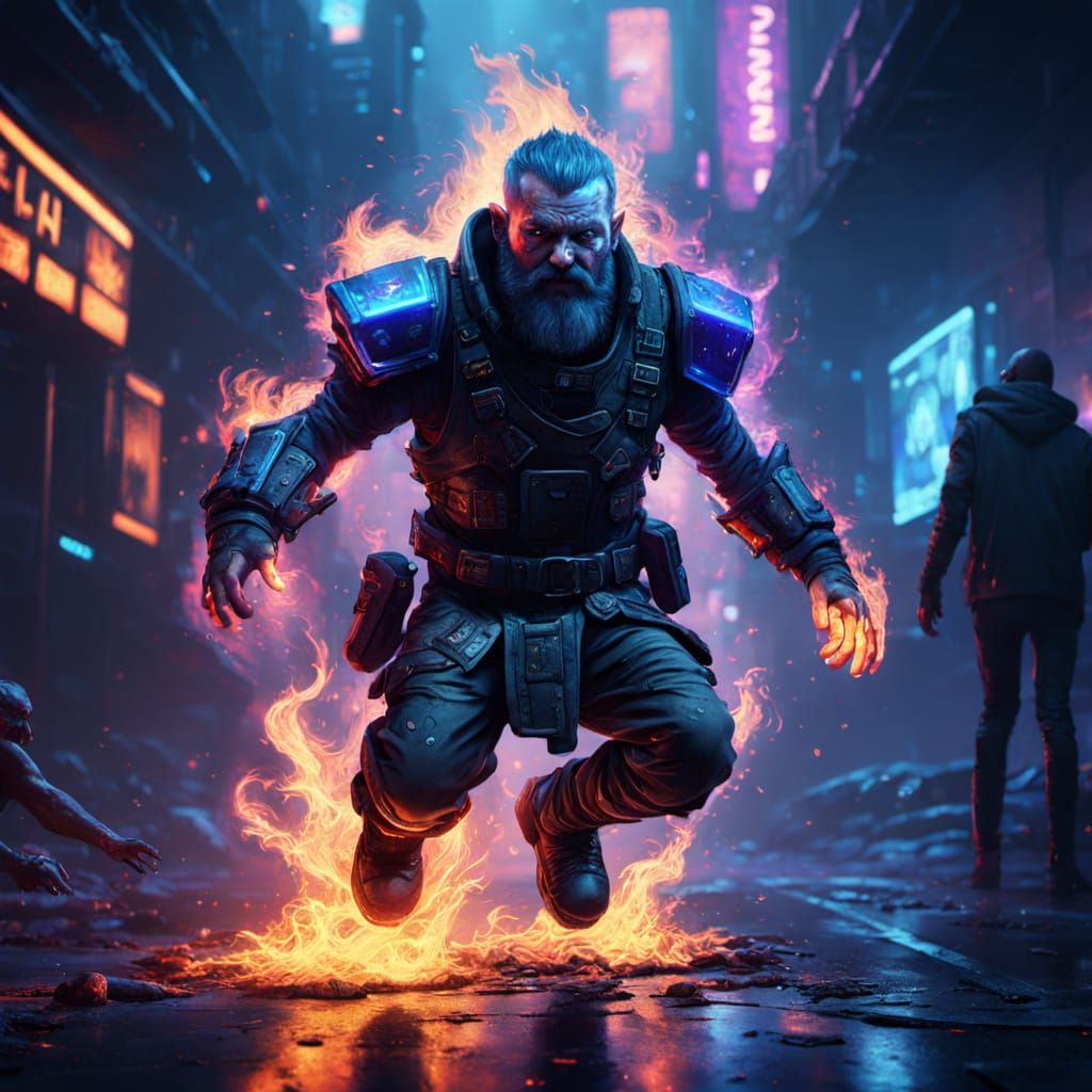 Cyberpunk Dwarf Leaps Over Burning Body