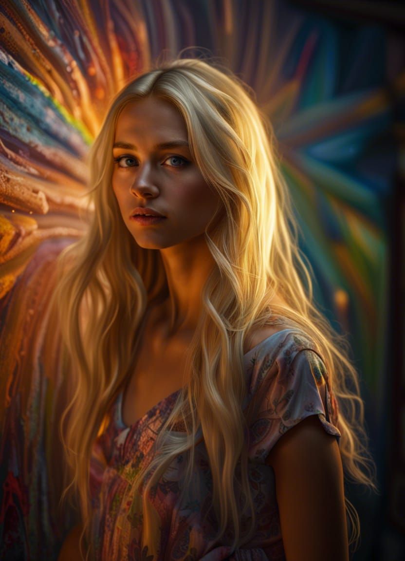 Hyper-Realistic Painter Girl in Neon God Rays