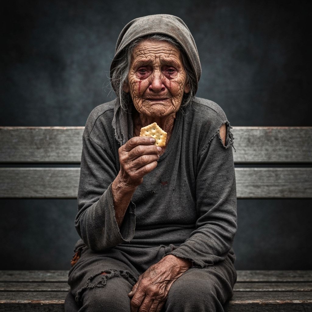 Distressed Elderly Woman with Cracker, High Resolution