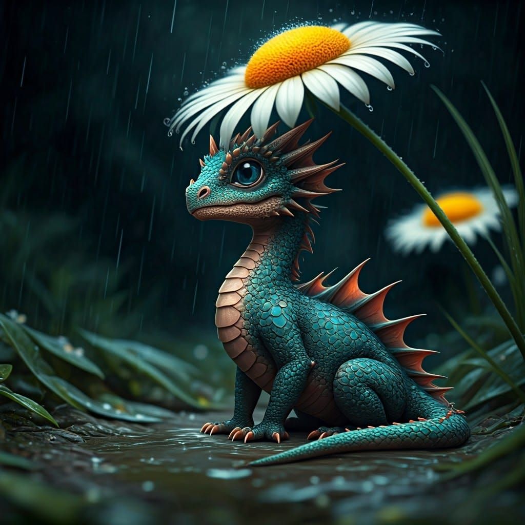 Adorable Dragon Hiding from Rain in Dark Forest