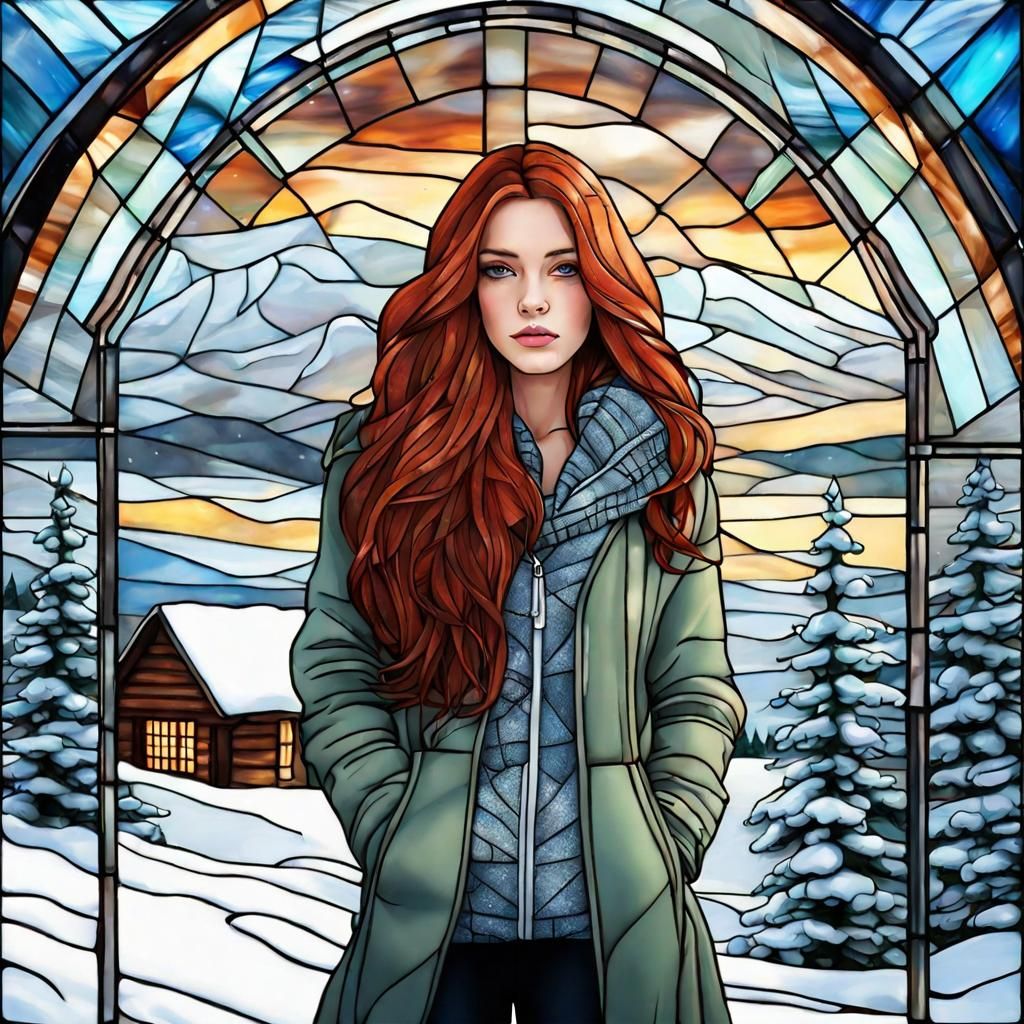 Stained Glass Portrait in Winter Landscape