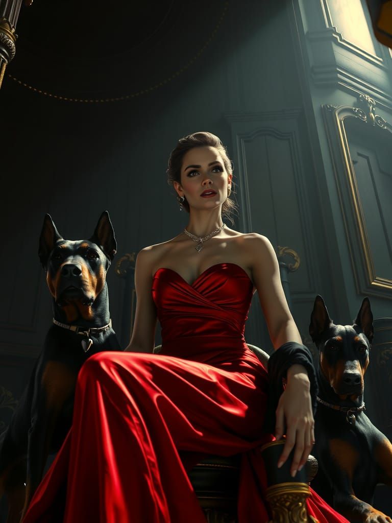 Elegant Woman with Dobermans in Noir Style