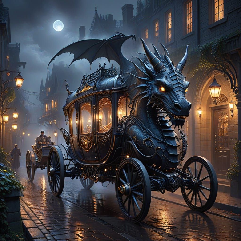 Mechanical Gothic Carriage Races Through Misty Fantasy Stree...