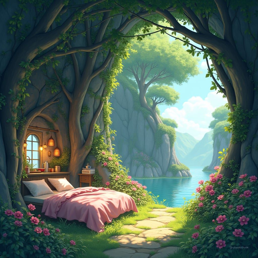 Anime-Inspired Secret Cave Home in Vibrant Nature