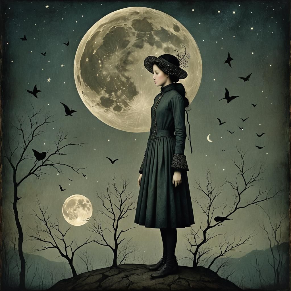 Ethereal Figure Under Dark Moon, Surreal Art
