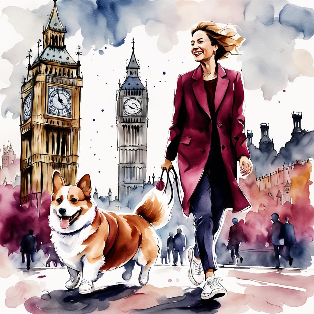 Woman and Corgi in London, Ink and Wash Style