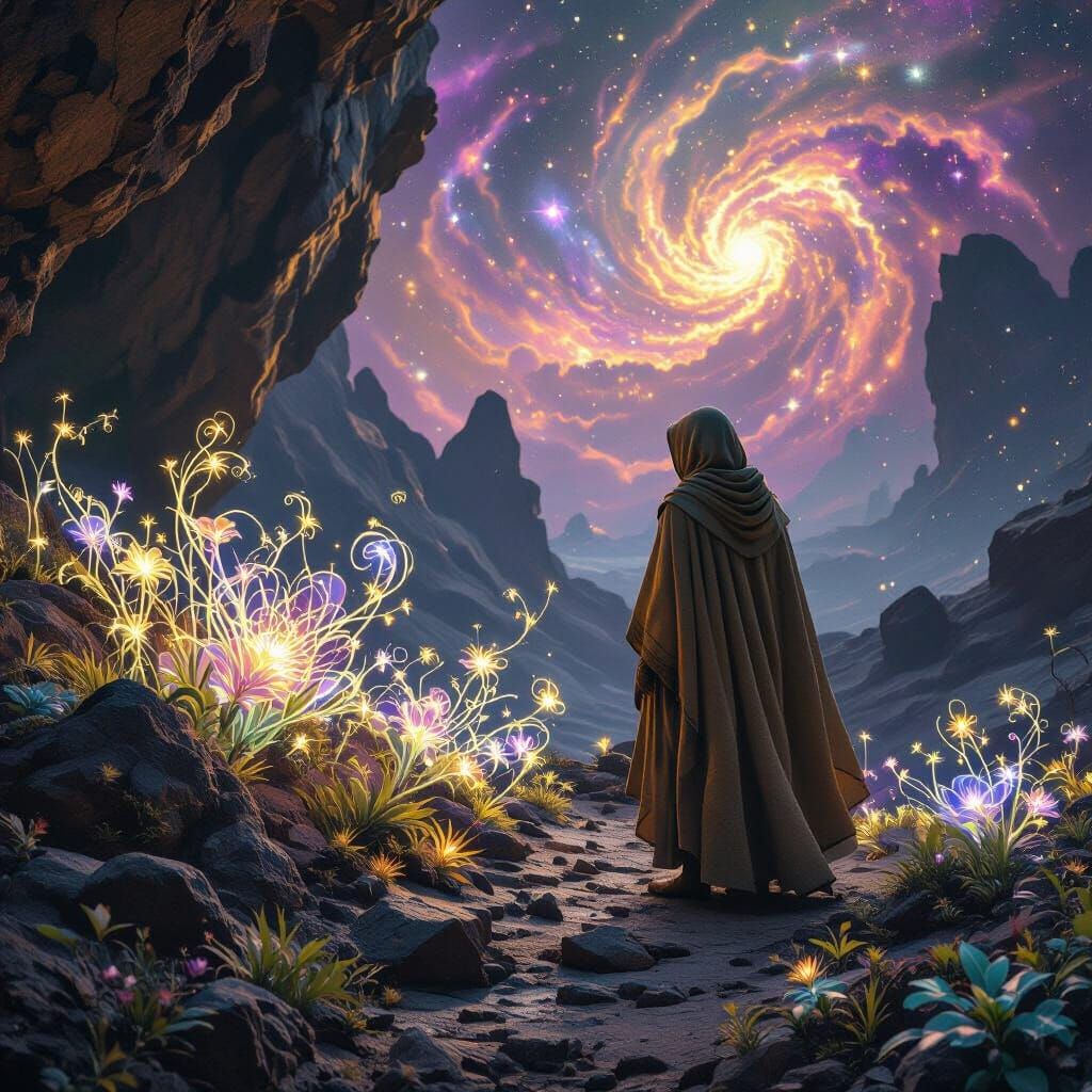 Botanist and Bioluminescent Flora on Floating Asteroid