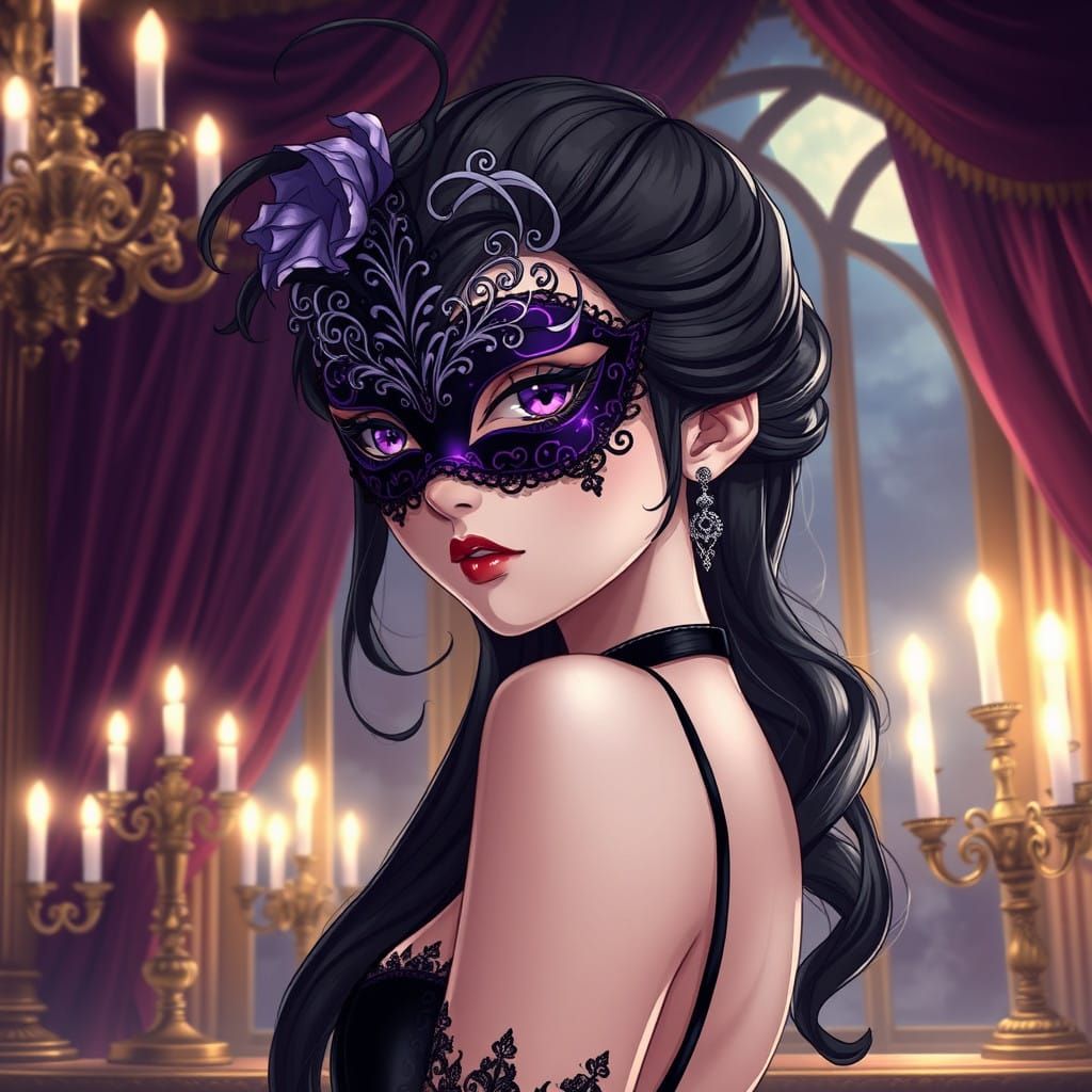 Ethereal Victorian Anime Woman with Masquerade Mask