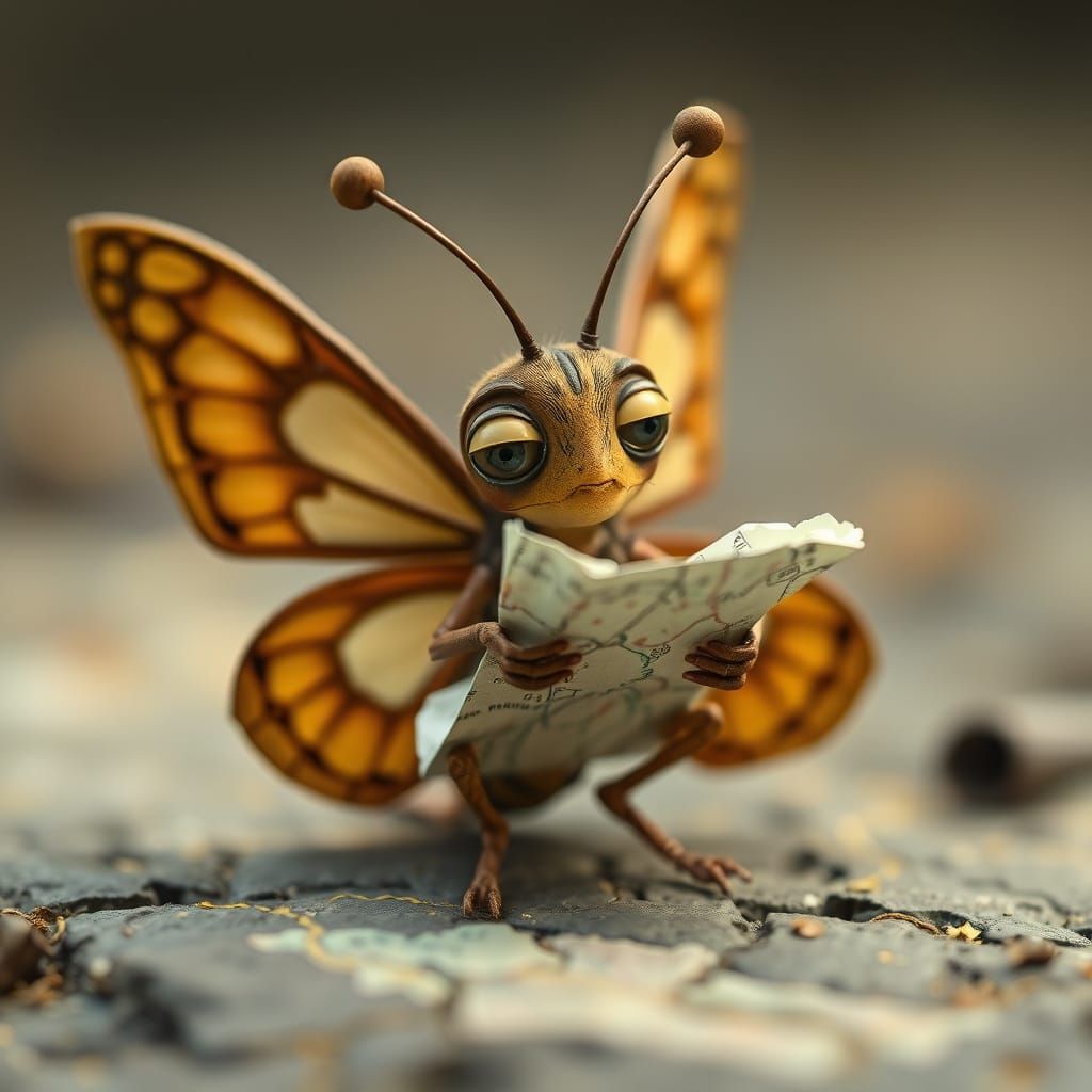 A butterfly holding (or trying to hold) a crumpled tiny map with its legs, its eyes darting back and forth between the p...