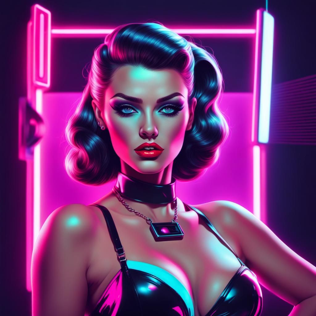 Synthwave Pin-Up Girl in Neon Retro Style