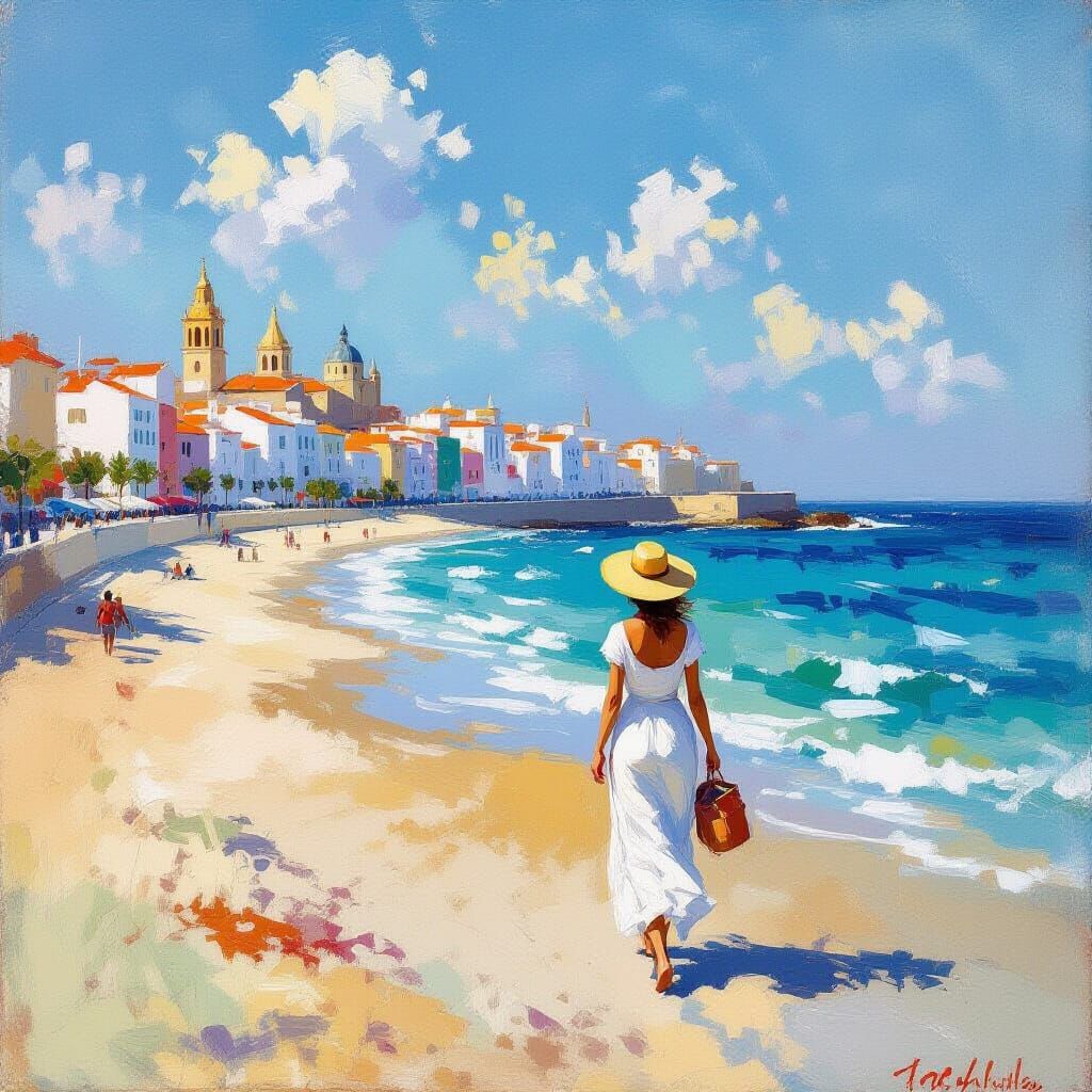 Woman Walking on Beach in Impressionist Style