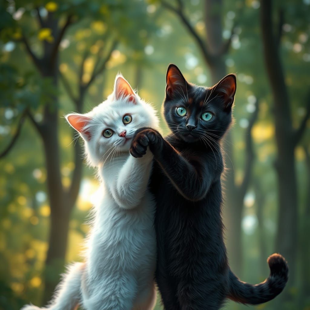 Surreal Cats Waltz in Enchanted Forest