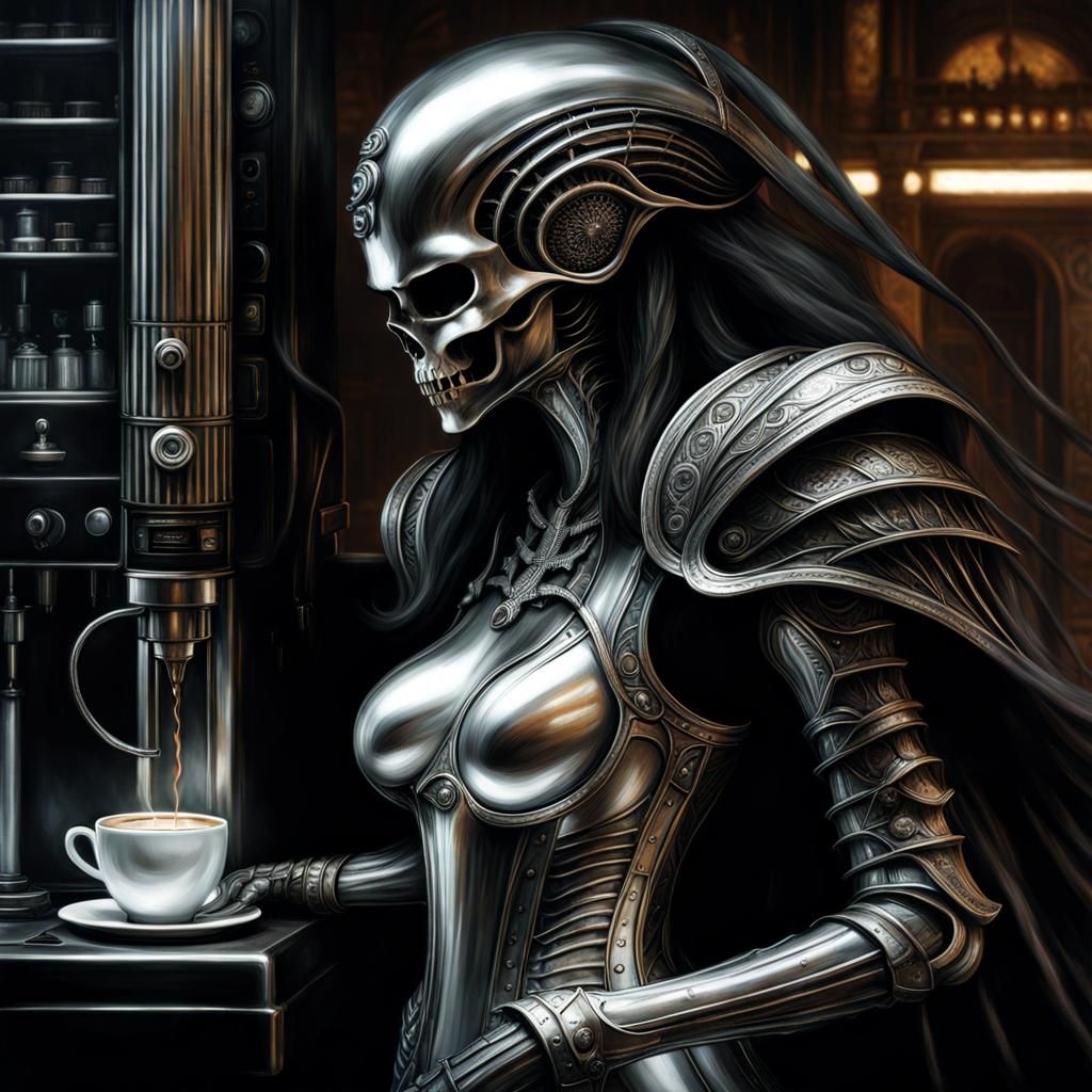 Translucent Ghost Haunts Coffee Machine in Dark Fantasy Styl...