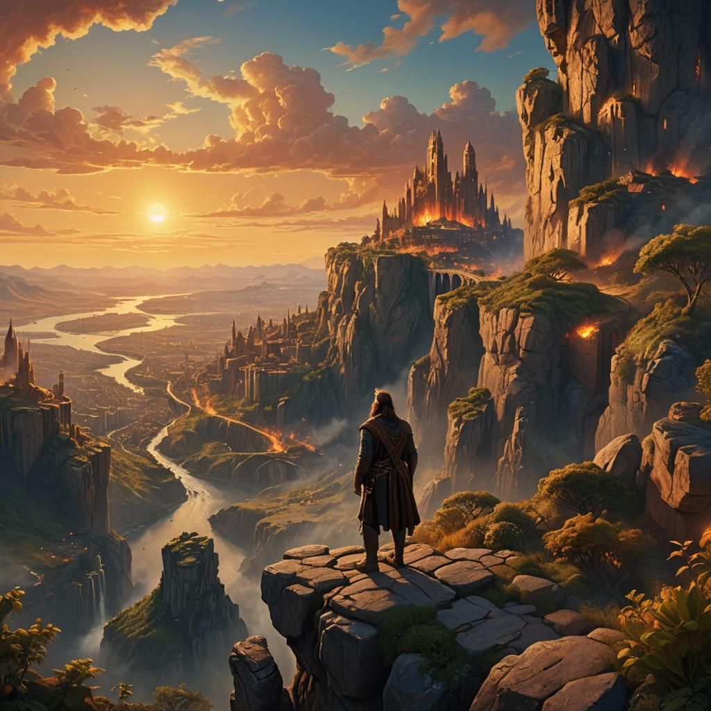 Abram Gazes Upon a Burning City in Fantasy Landscape
