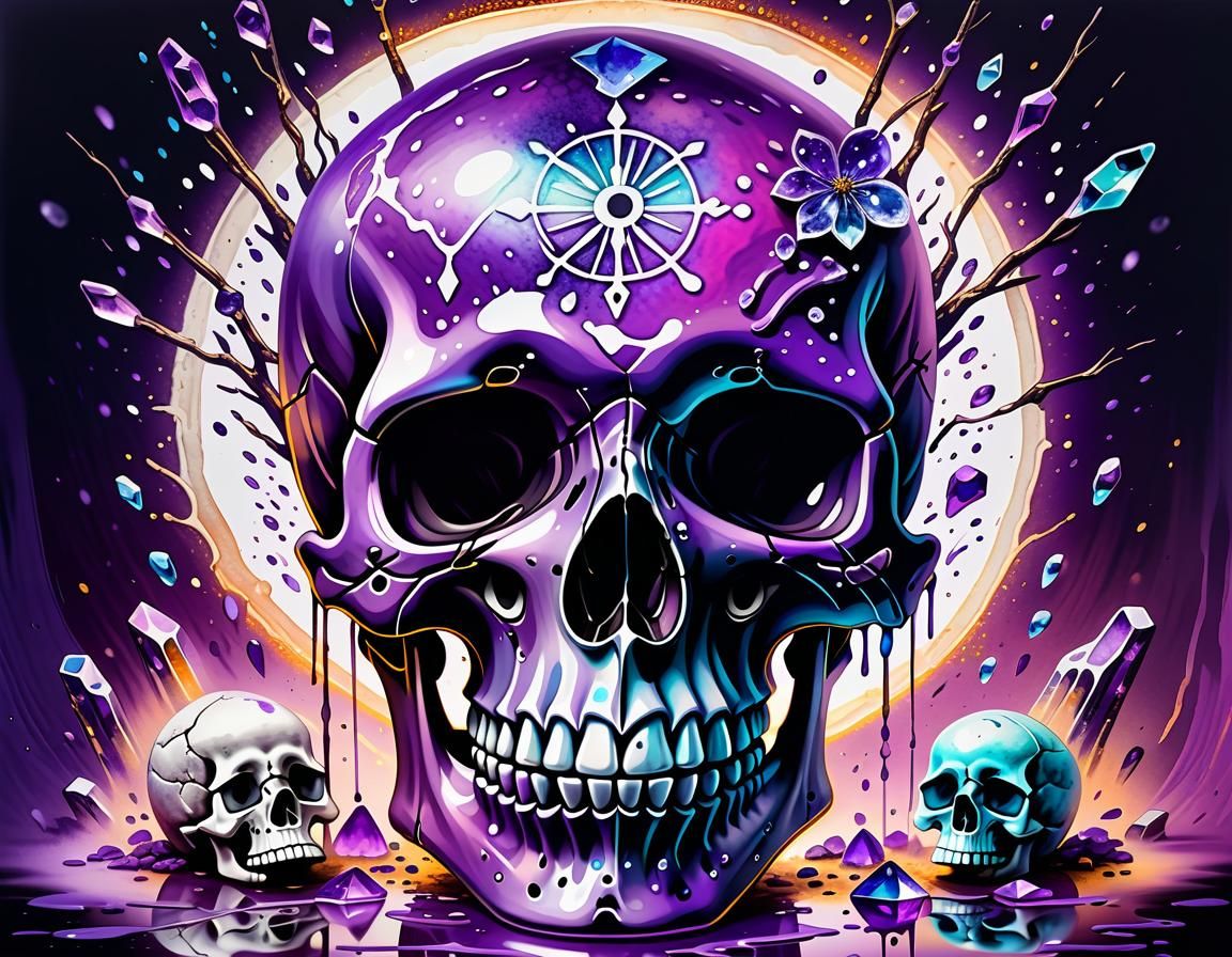 Opalescent Skull with Crystals in Watercolor Art