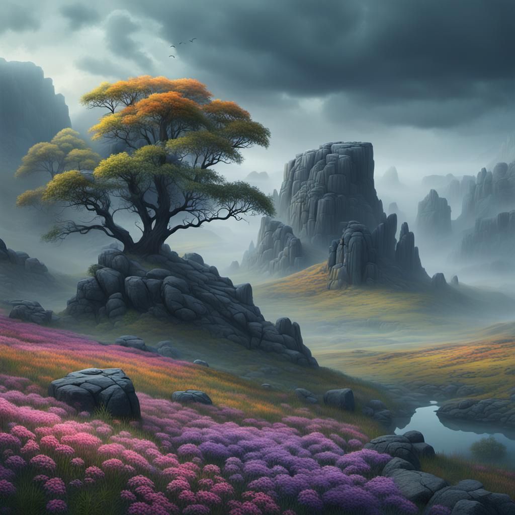 Epic Cinematic Landscape with Misty Outcrops