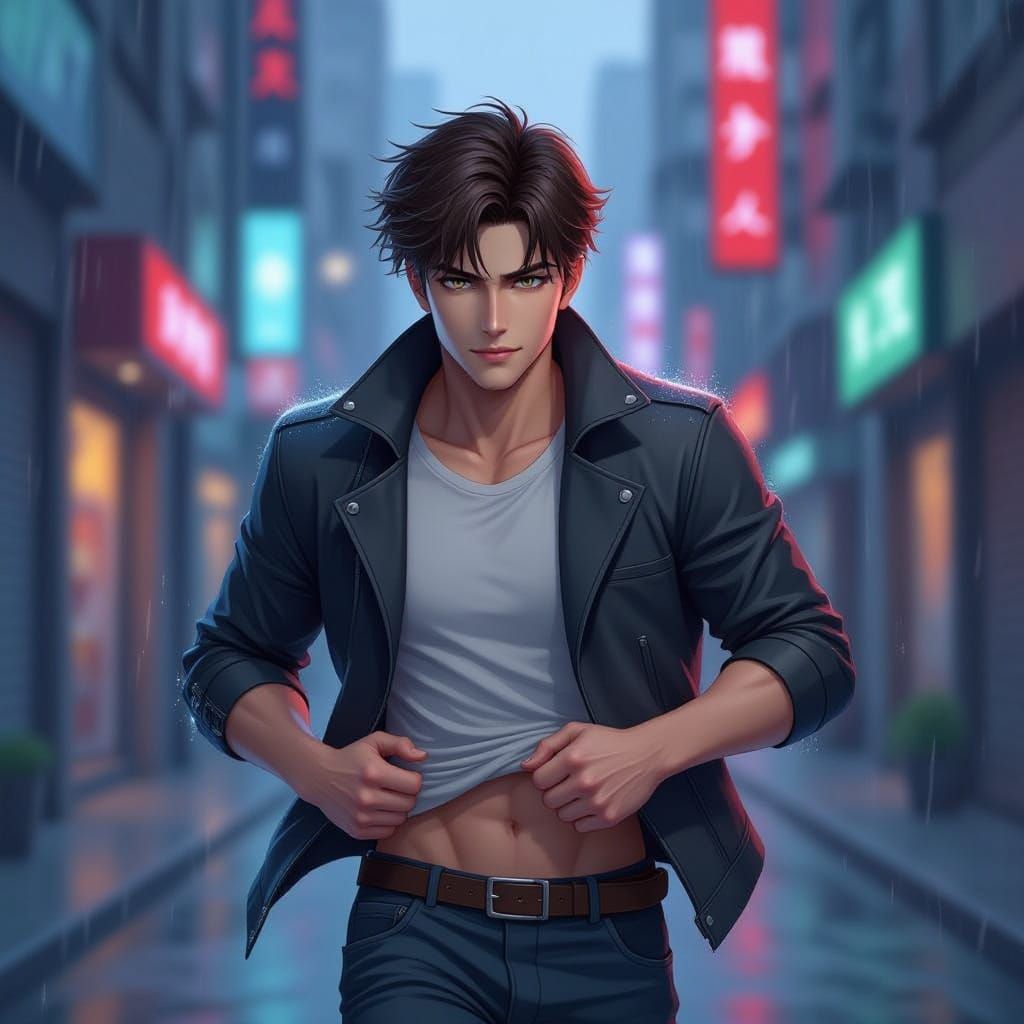 Manhwa Character Running Through Rainy Future City Alley
