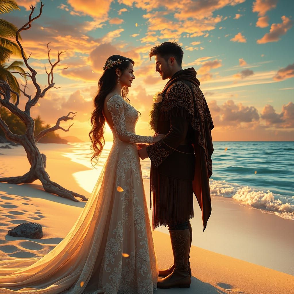Ethereal Elven Wedding on Serene Beach at Sunset