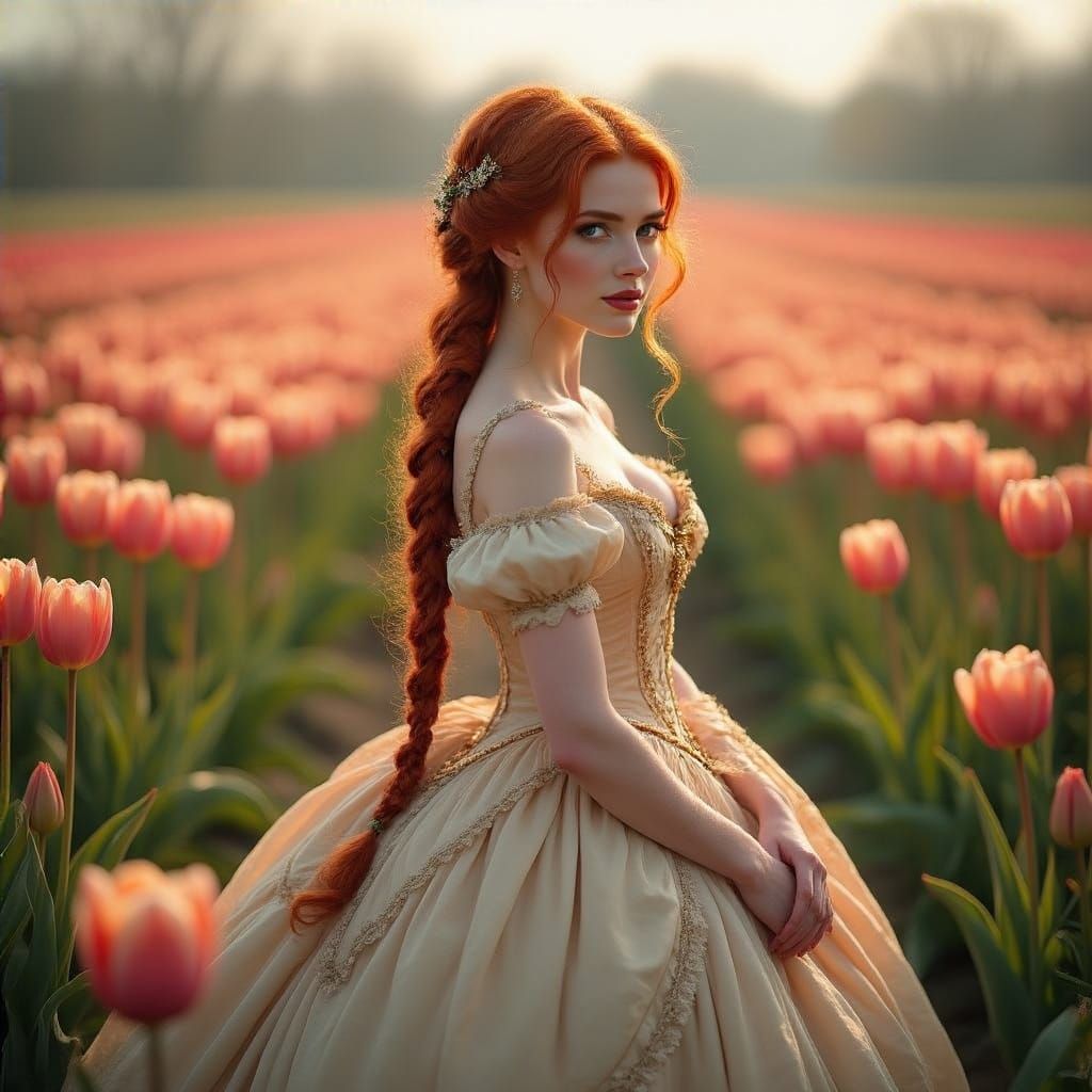 Elegant Princess in Tulip Field, Soft Morning Light