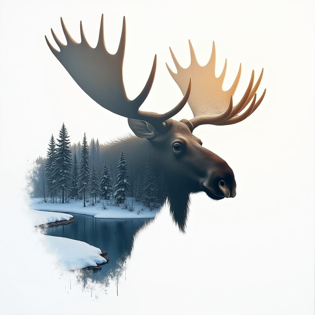 Moose Silhouette in Winter Wonderland, as Oil Painting