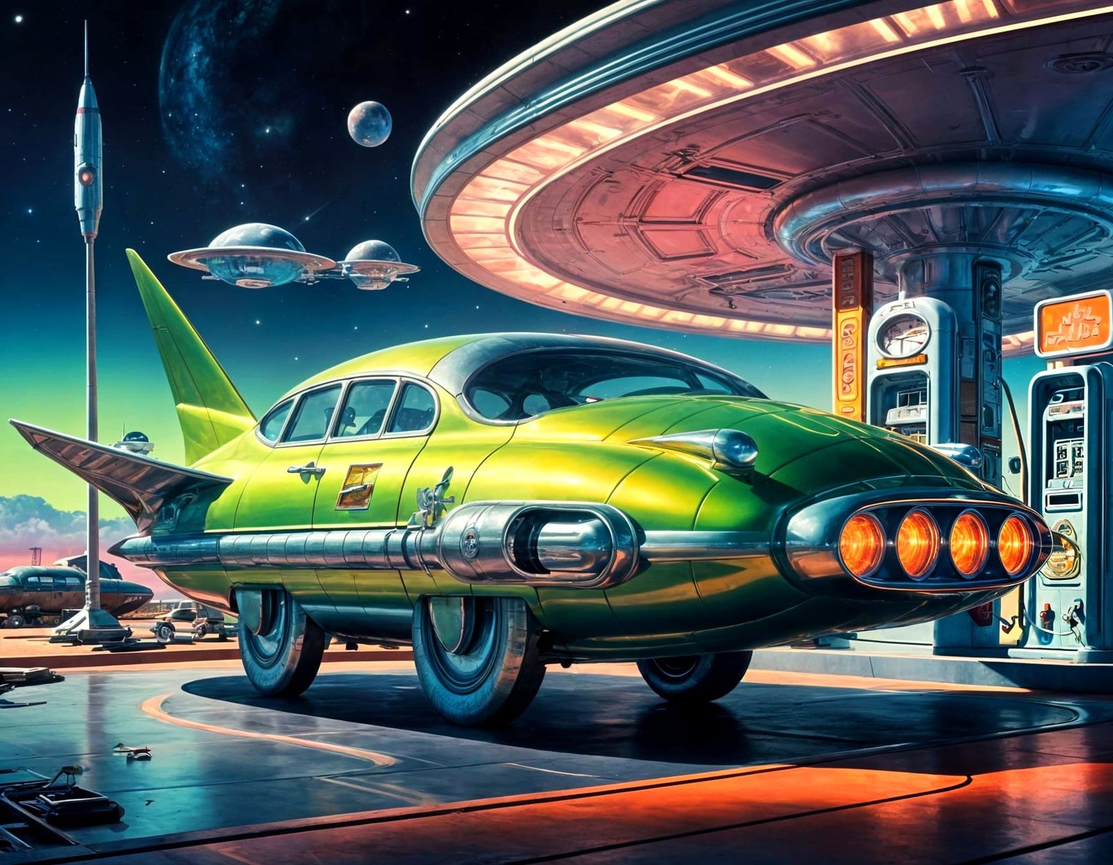 Retrofuturistic Alien Fueling Spacecraft in Space Station