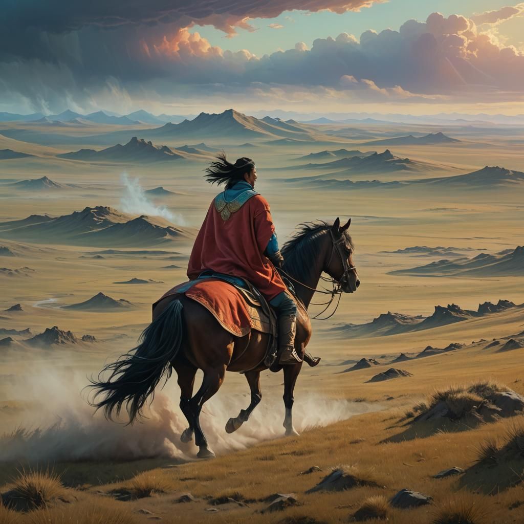 Majestic Genghis Khan Rides Through Windswept Steppes