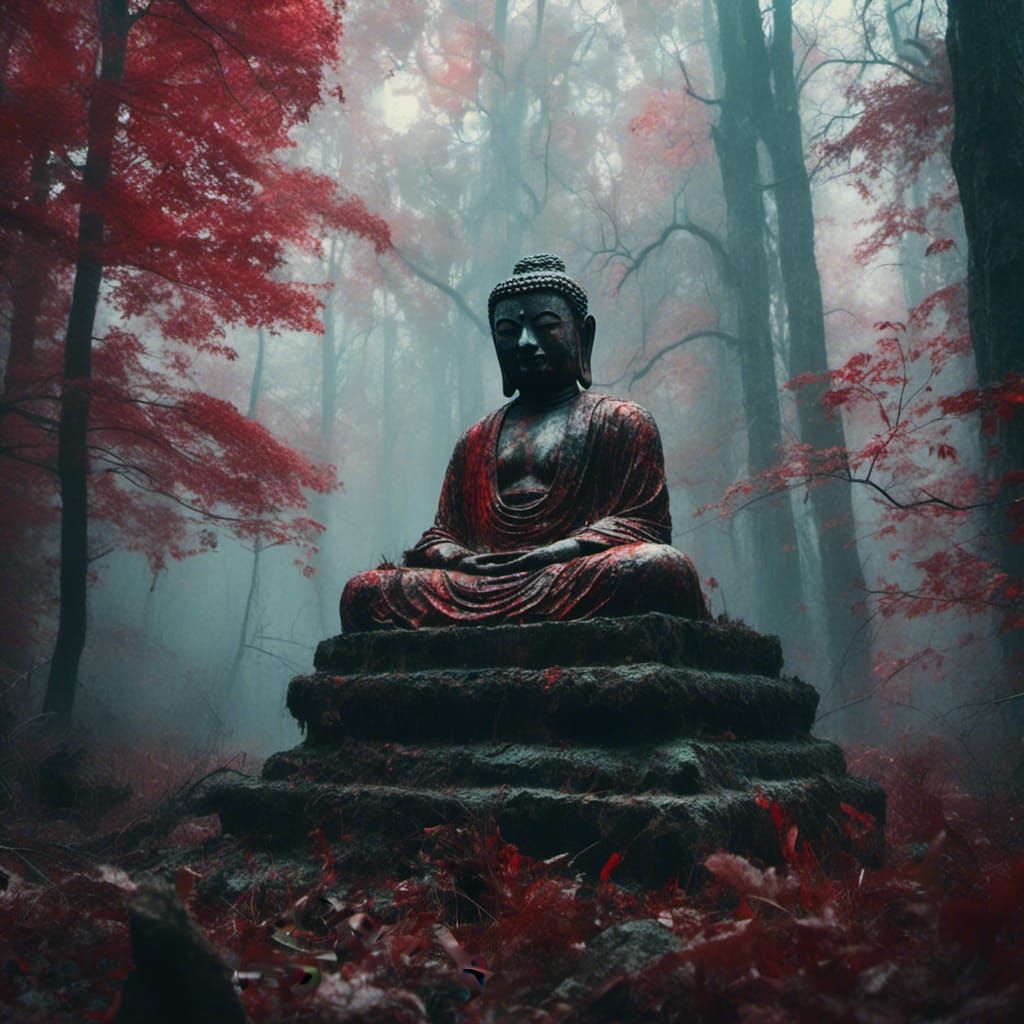Misty Japanese Forest with Buddha Statue