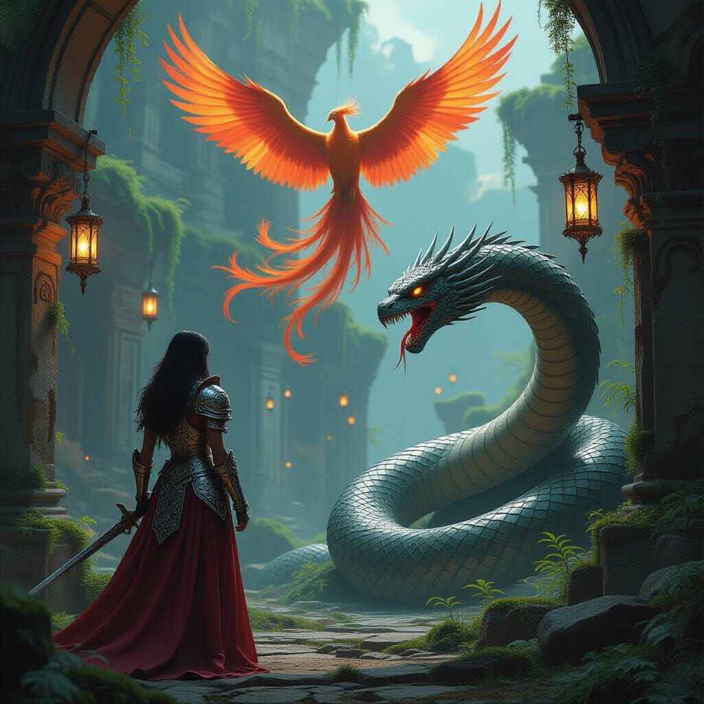 Silver Armored Girl Battles Serpent in Temple Ruins