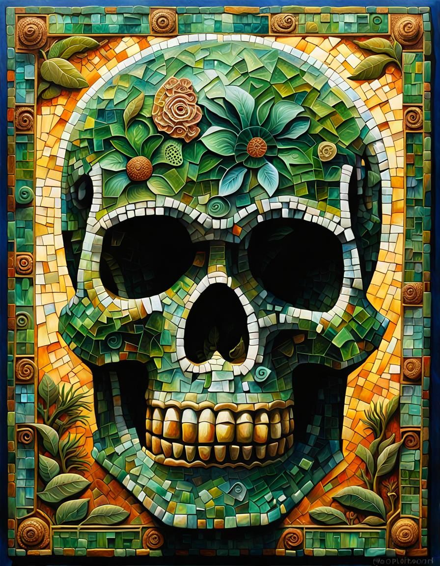 Mayan Jade Skull in Mosaic Oil Painting Style