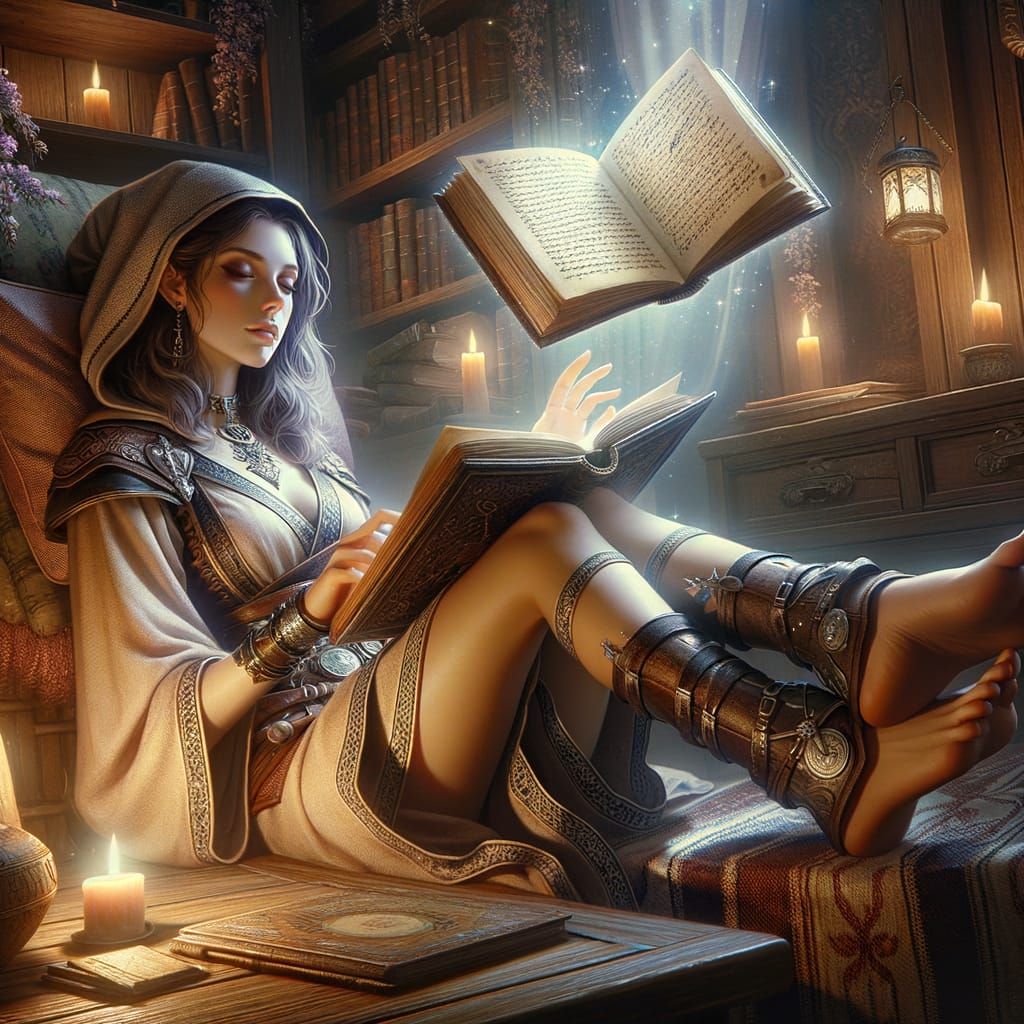 Cosy Fantasy Scene: Mage Reading Levitating Book