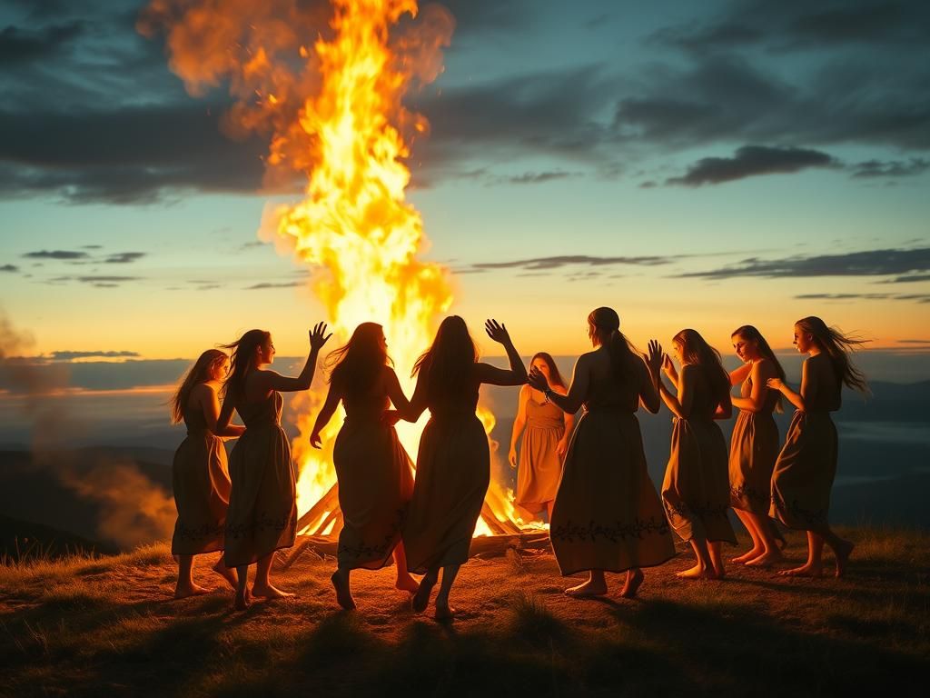 Druids Dance Around Bonfire on Hilltop at Dusk