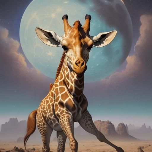 Surreal Giraffe Moonwalk in Spacesuit, Salvador Dali Style