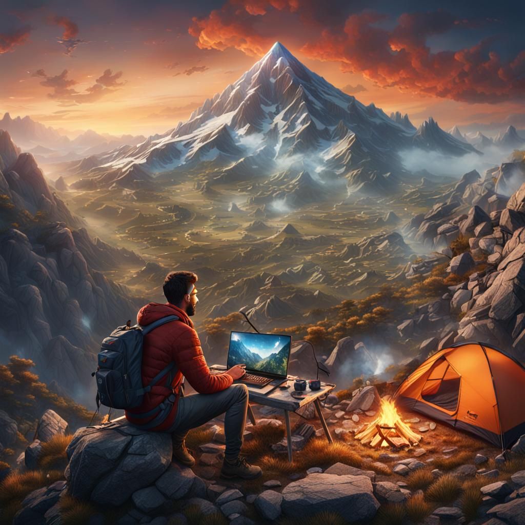 Mountain Top Camping Scene: Radio Operator in Detailed Paint...