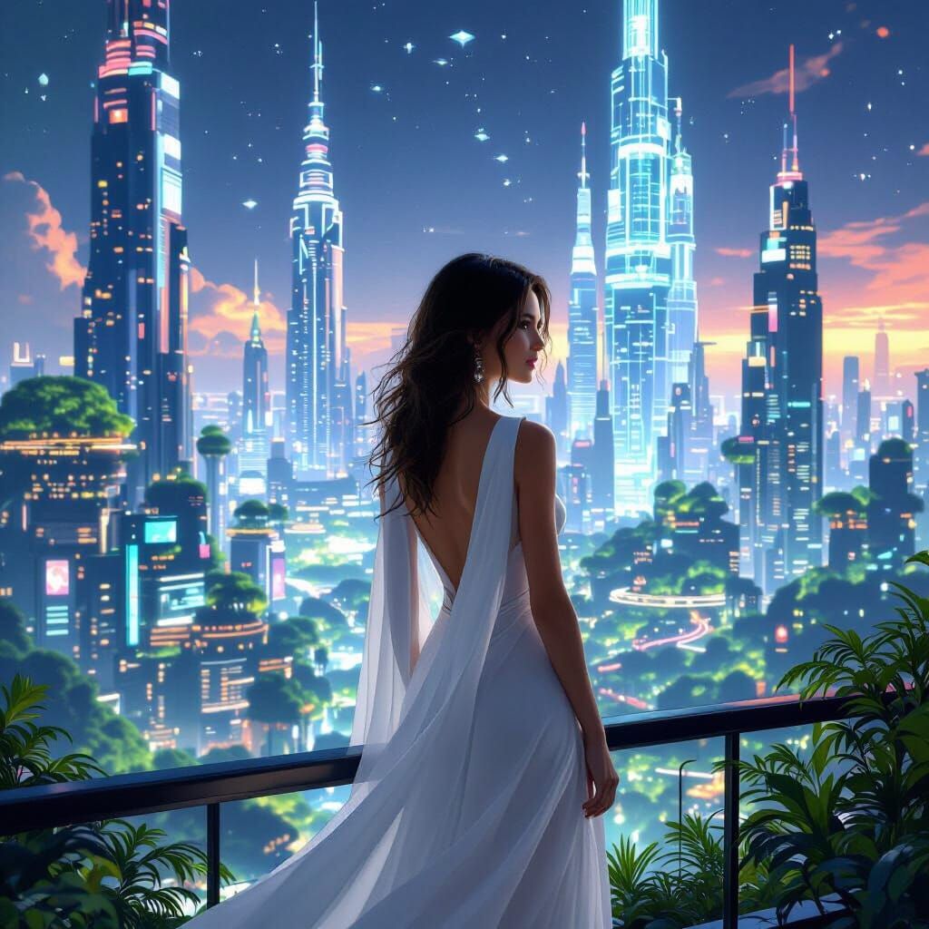 Futuristic Cityscape Blending Cyberpunk and Solarpunk Styles