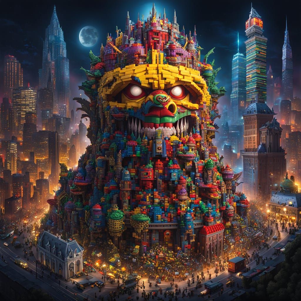 Gigantic Lego Supervillain Double Exposure Horror Image