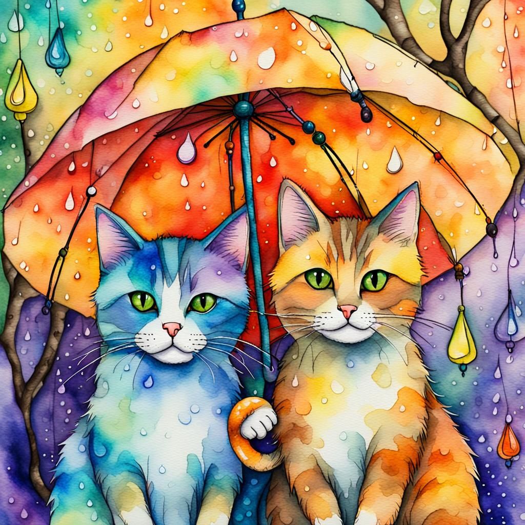 Cats Under Umbrella in Watercolor Alcohol Ink Mix