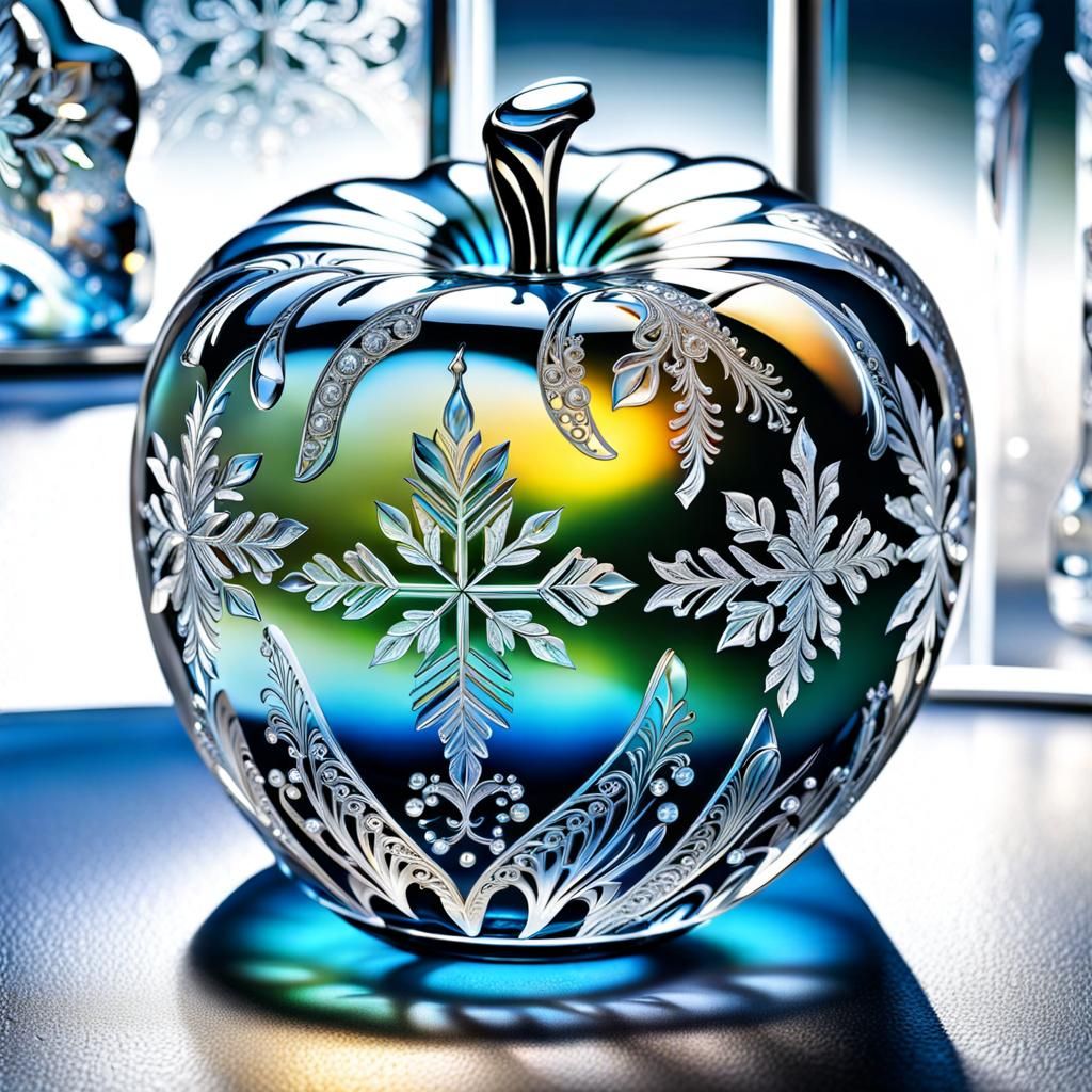 Icy Glass Apple with Filigree on Crystalline Table