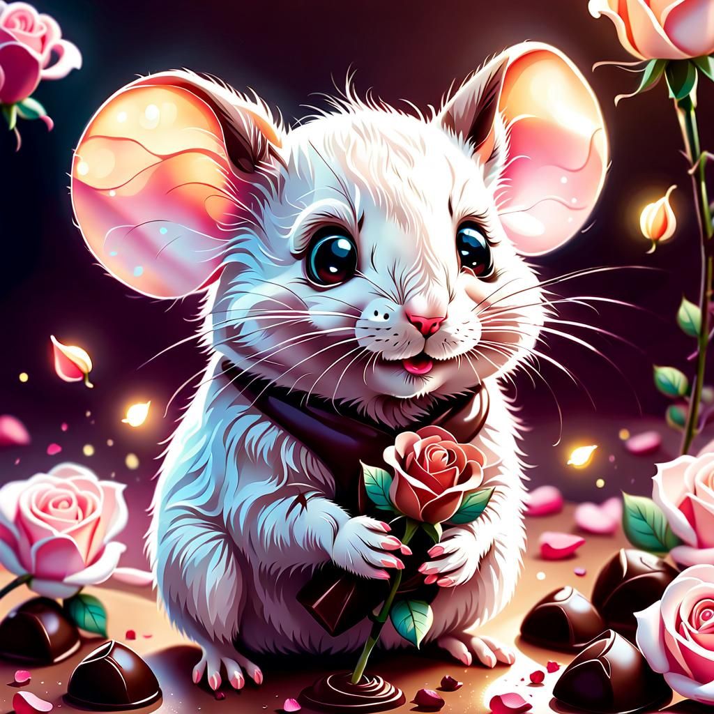 Romantic Mice Sharing Chocolate Rose, Pastel Colors