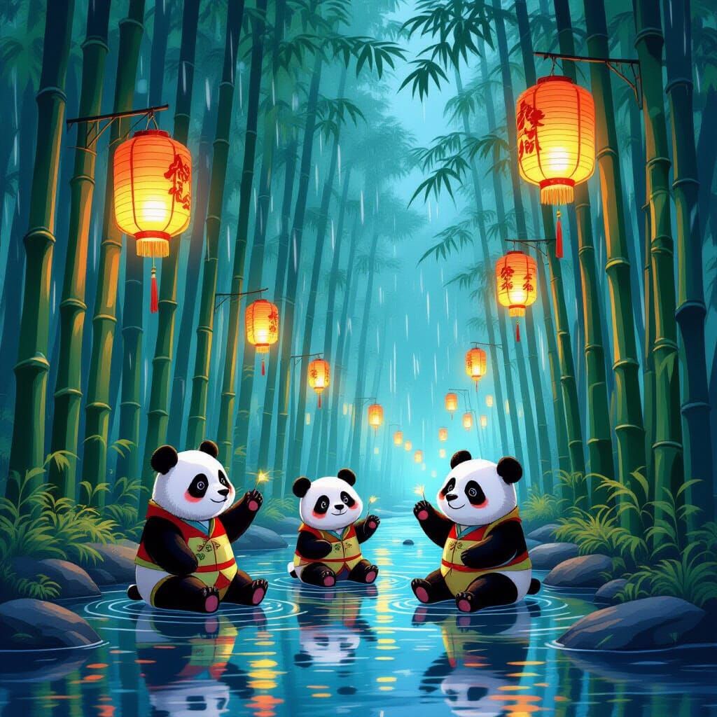Pandas Play in Rainy Lantern Festival Forest