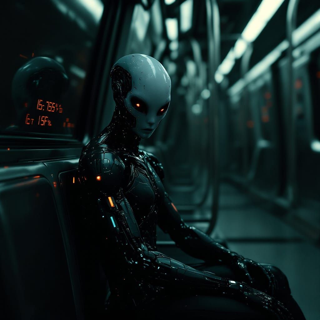 A hyper realistic scene, late at night, inside a dark unlit sci-fi subway train, sits a minimalist A.I being.
