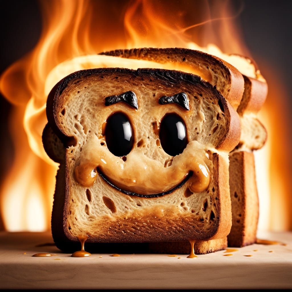 A slice of burnt toast with scorch marks that resemble a smi...