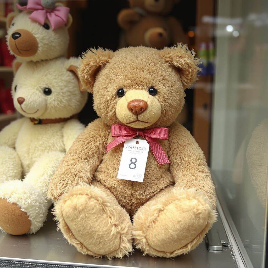 Fraser Teddy Bear in shop window, sad because he has an ”£8”...