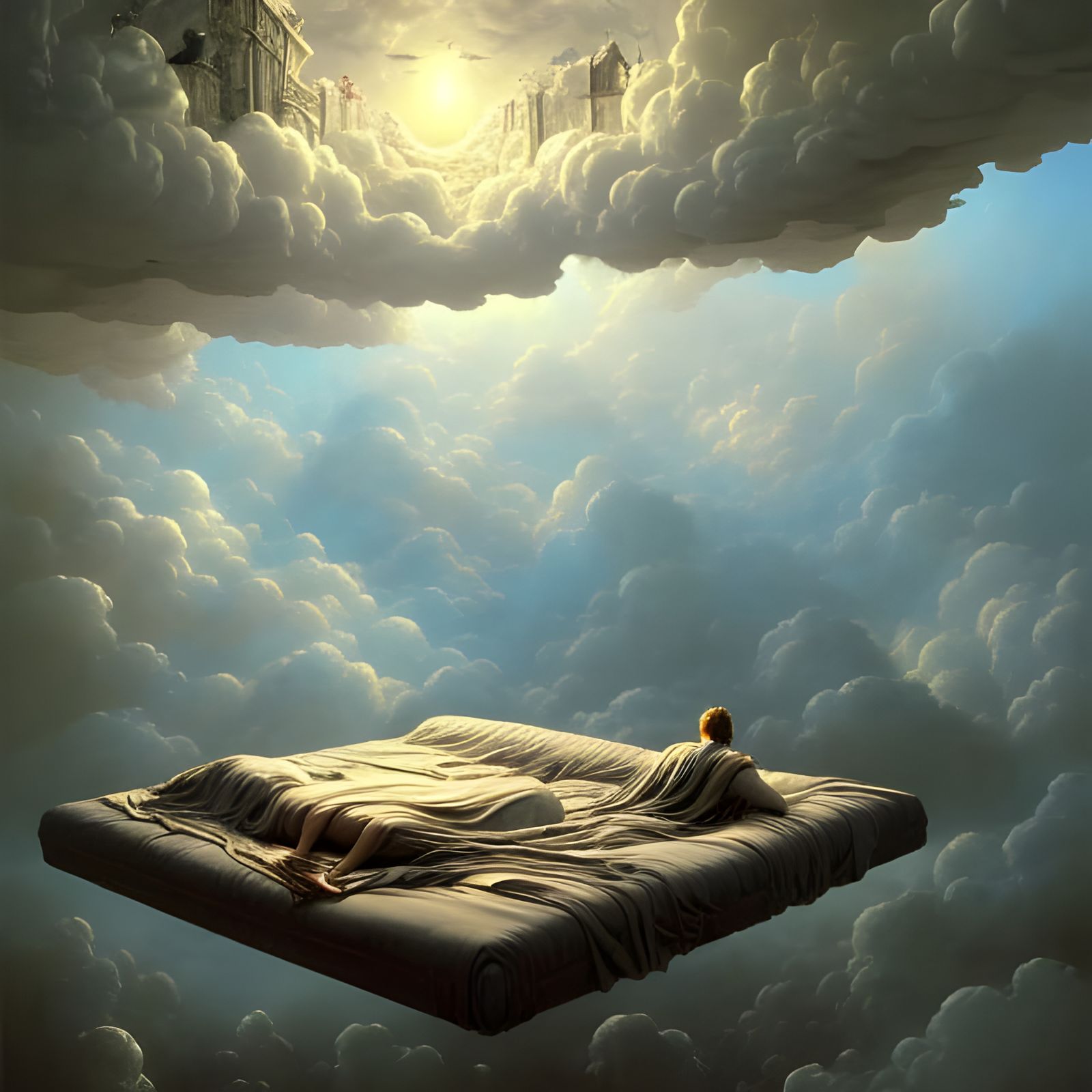 Floating Fantasy Bed in Heaven: Surreal Digital Art