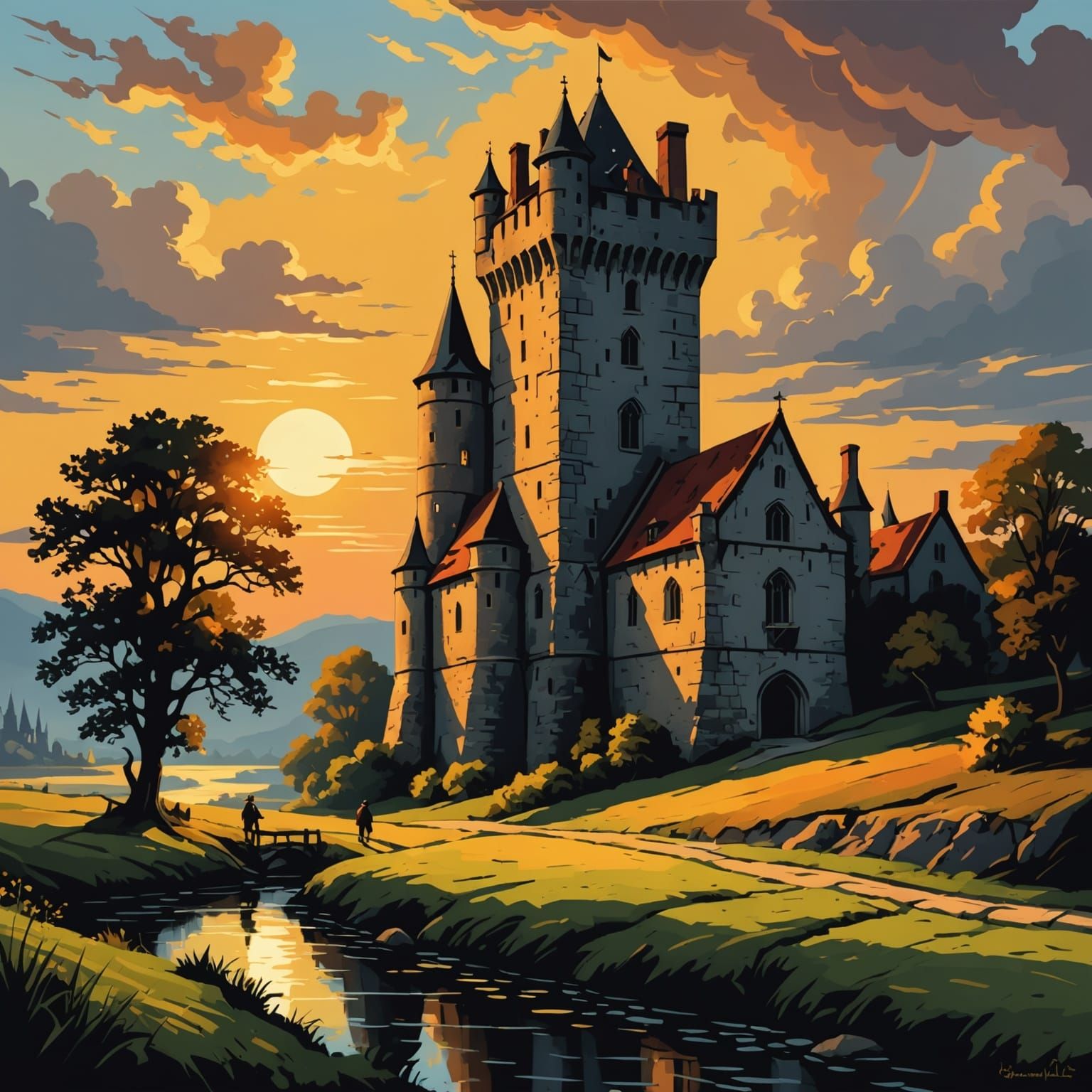 Colorful Medieval Tower at Sunrise in Chiaroscuro Style