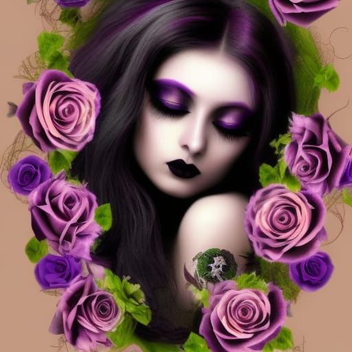 Beautiful gothic goddess Persephone with long black hair& green eyes& Purple roses in her hair& vibrant purple eyeshadow...